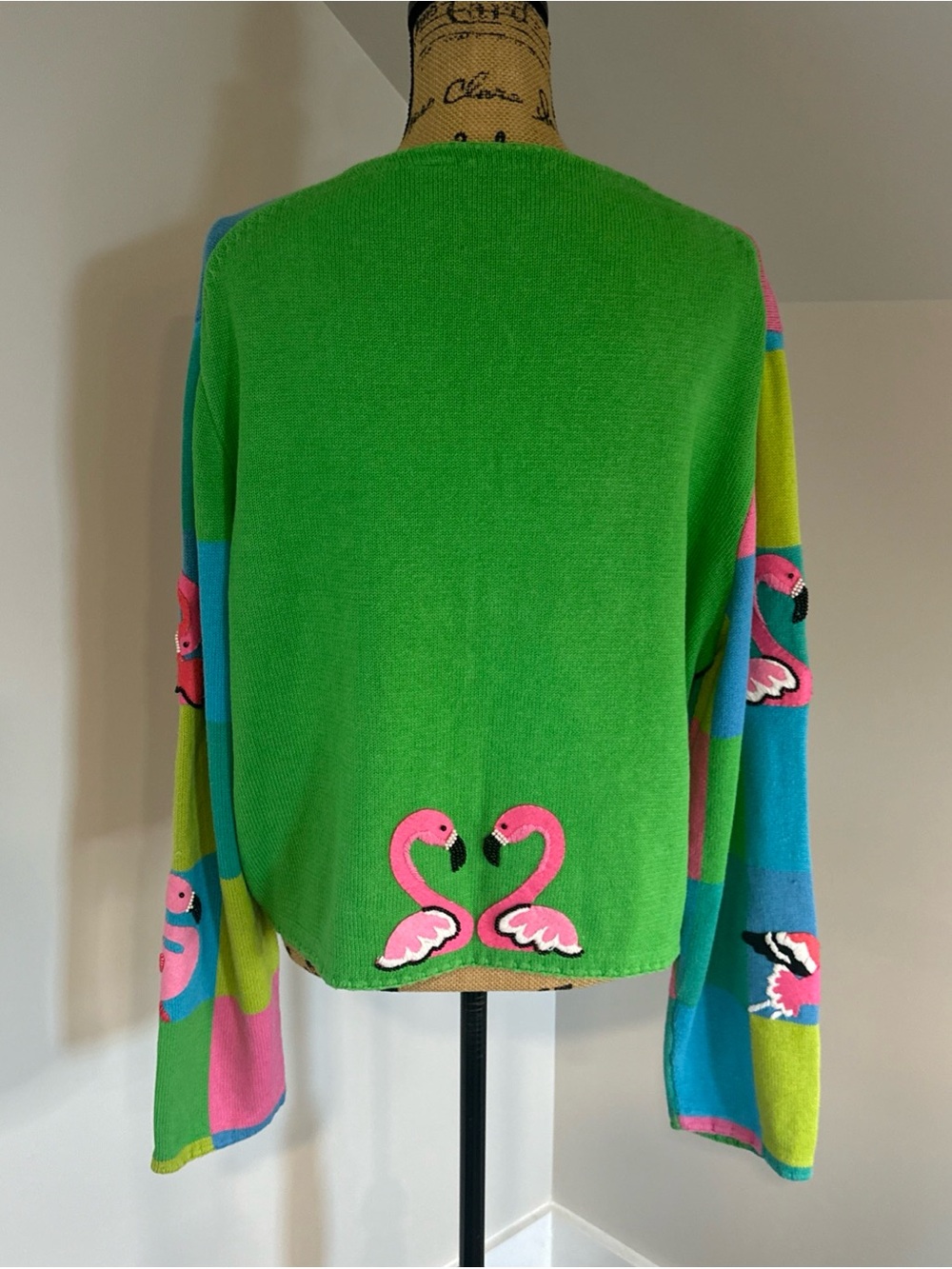 VTG Michael Simon Size XL Pink Flamingo 3D Beaded Embroidered Cardigan Sweater - Picture 3 of 11